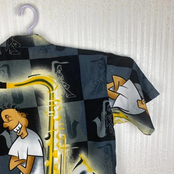 Claudio Nucci Mens Black Y2K Hip Hop Retro Music Hawaiian Button Up Shirt Size L - Picture 11 of 16